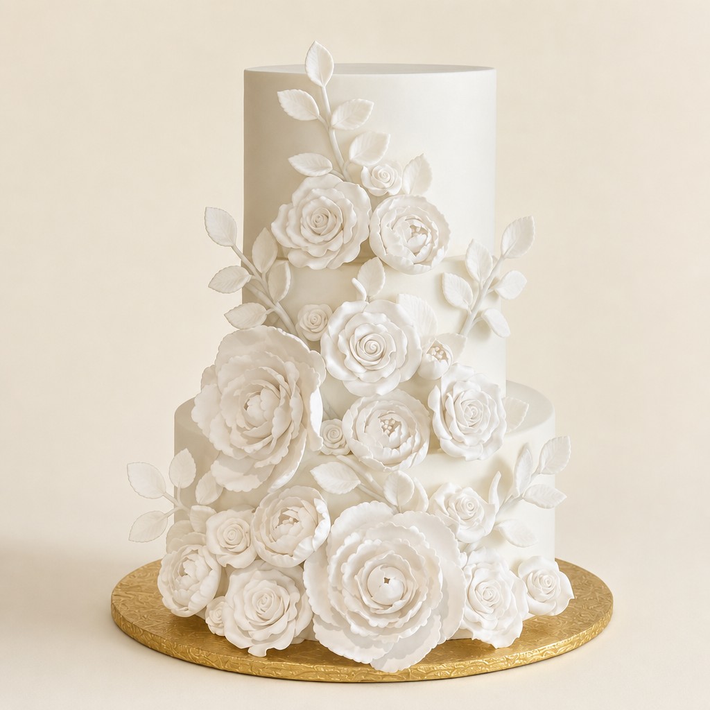 A smooth white buttercream wedding cake with cascading white sugar flowers, an elegant wedding cake by Sweet Escape Cake Company.