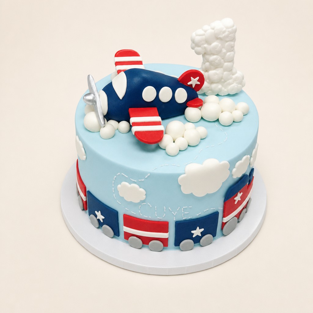 A light blue first birthday cake with a fondant airplane, clouds, and a big white number one topper, made by Sweet Escape in Indianapolis.