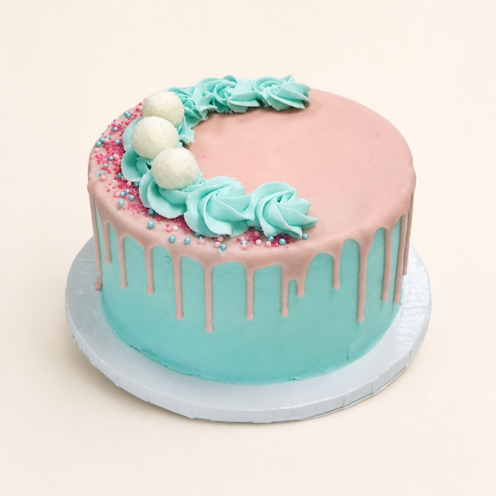 A pastel blue and pink buttercream smash cake for a baby's first birthday, made by Sweet Escape Cake Company in Indianapolis.