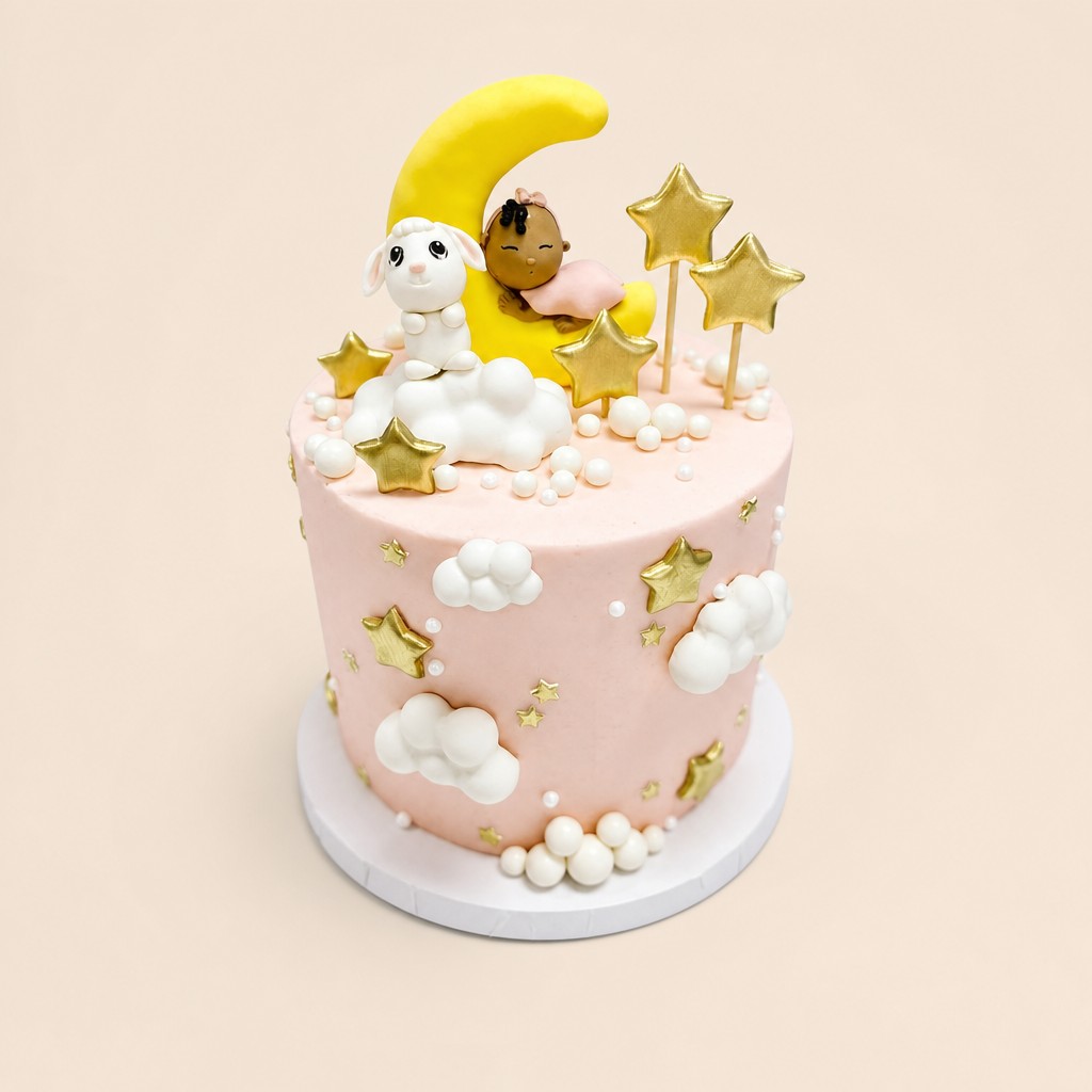 A pink buttercream first birthday keepsake cake topped with a fondant baby sleeping on a yellow crescent moon with gold stars.