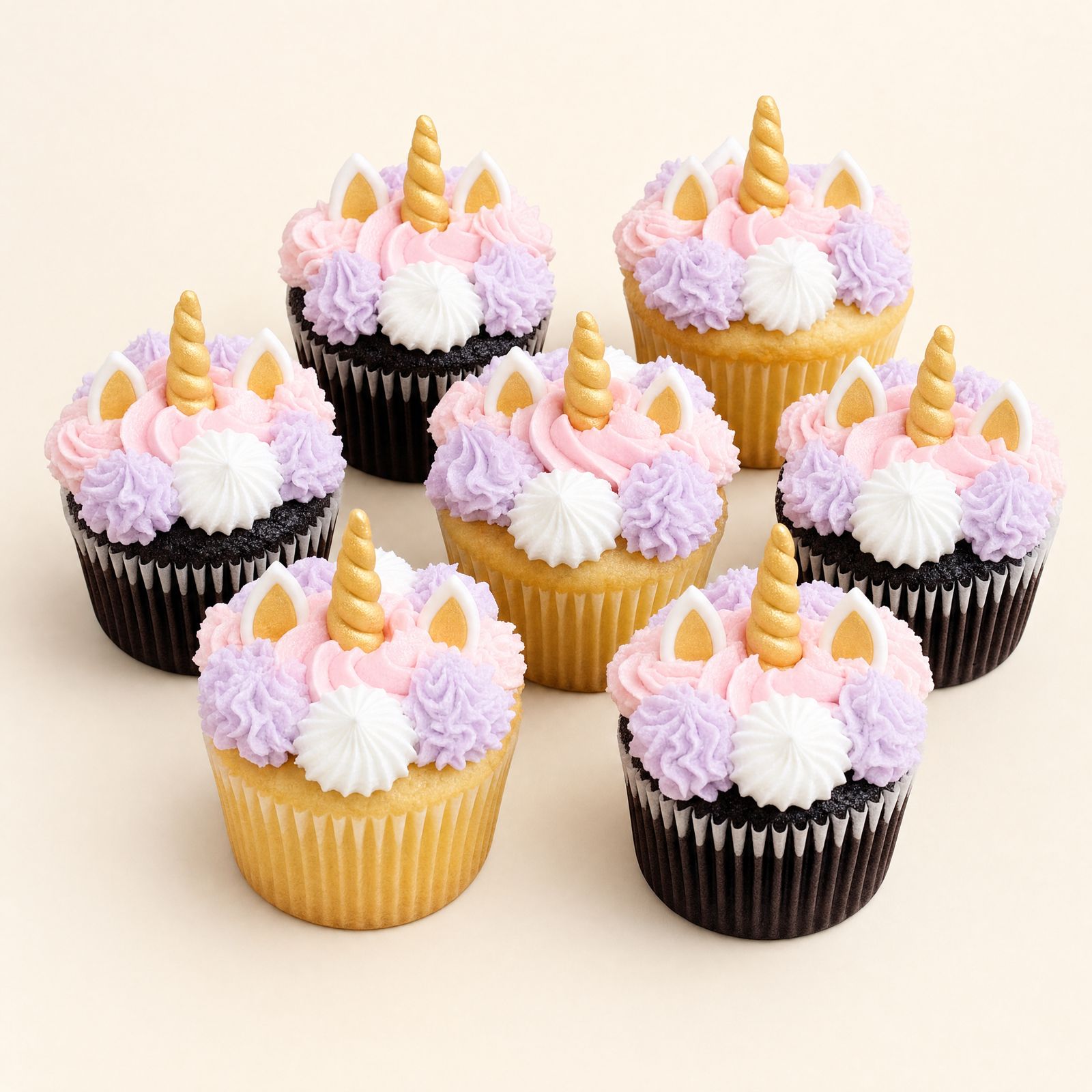 Pastel unicorn cupcakes with pink, purple, and mint buttercream swirls, a party table add-on that matches a baby smash cake.