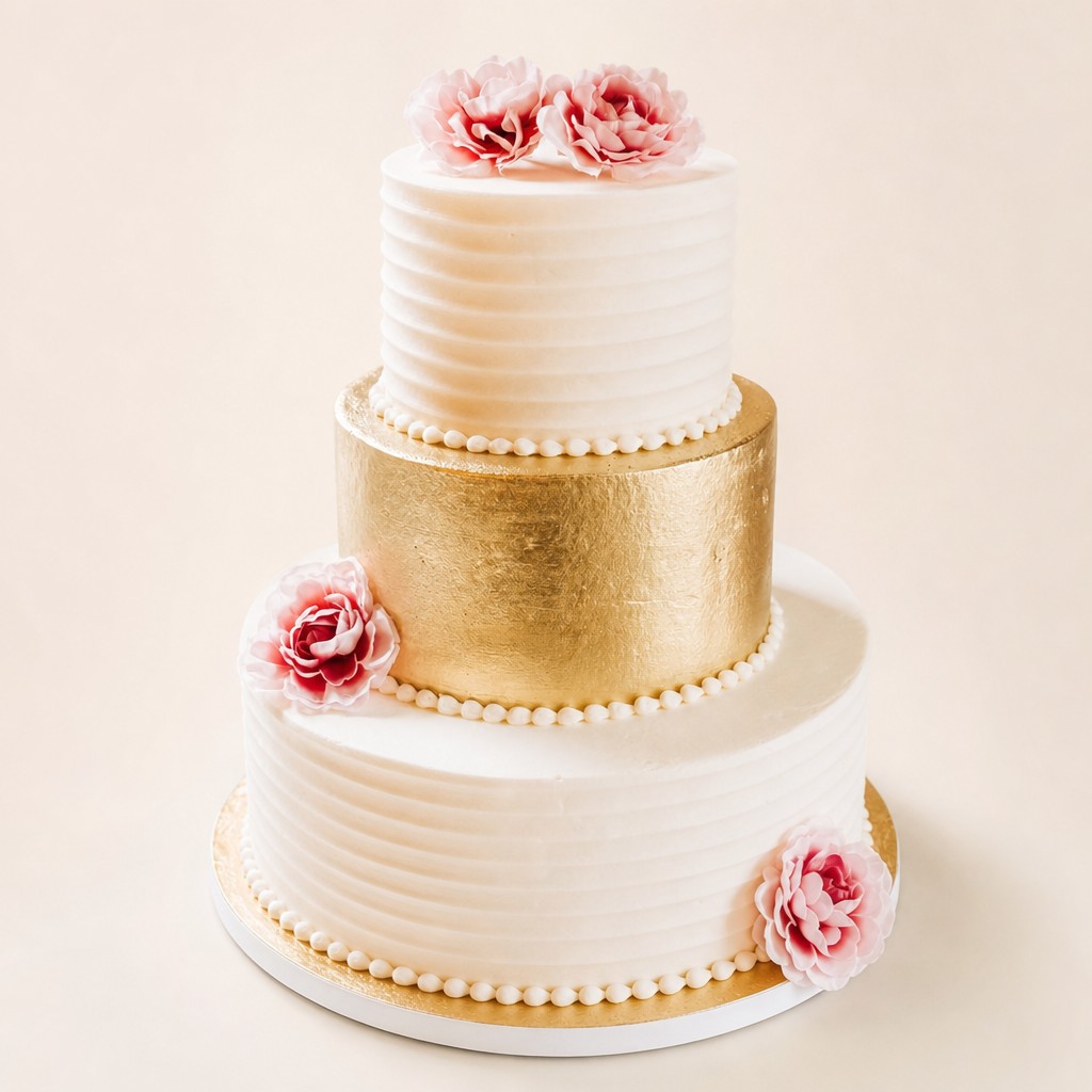 White and gold wedding cake with soft pink peonies, a pastel summer wedding cake for a garden reception.