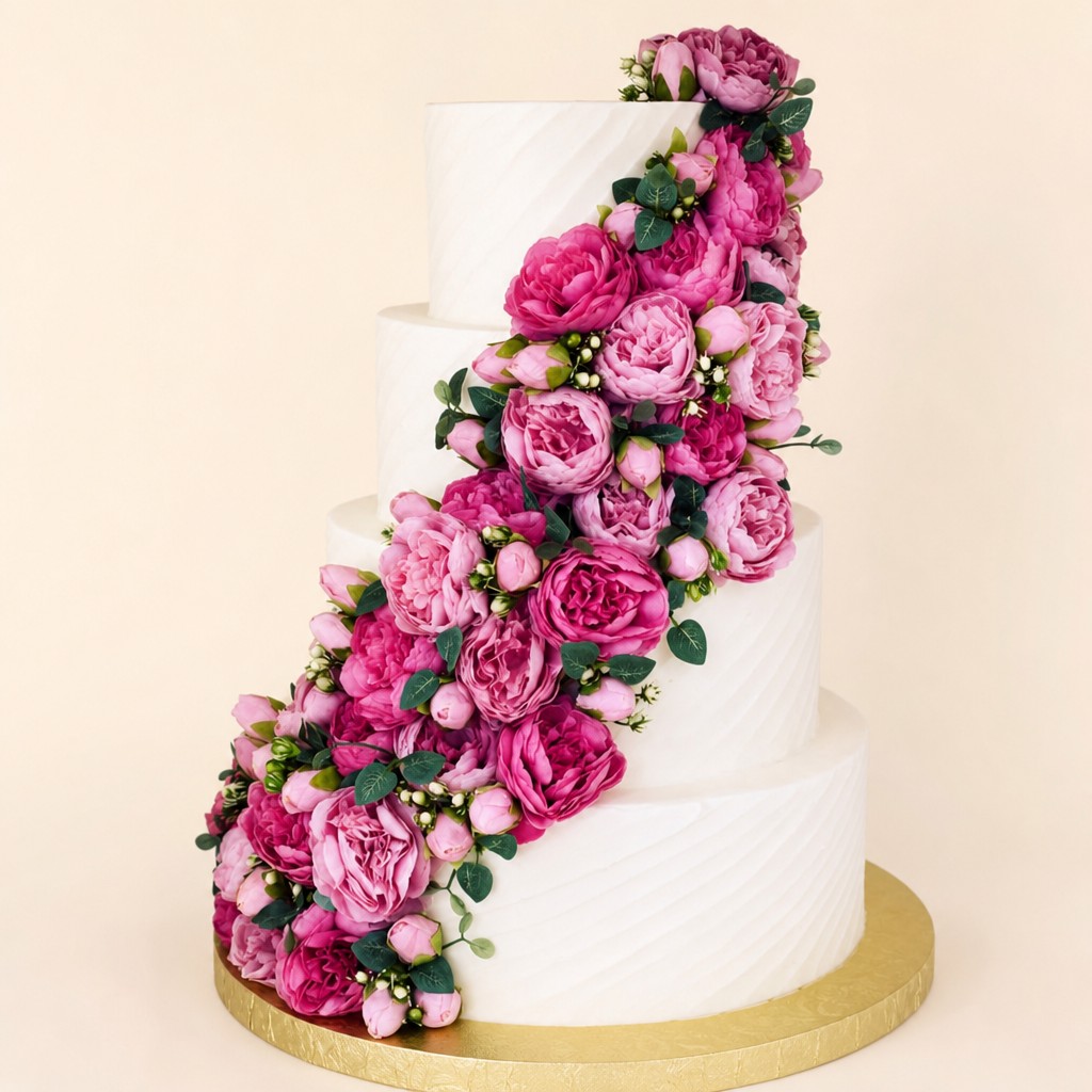 White four tier summer wedding cake with cascading pink peonies and greenery for an Indianapolis outdoor wedding by Sweet Escape Cake Company.