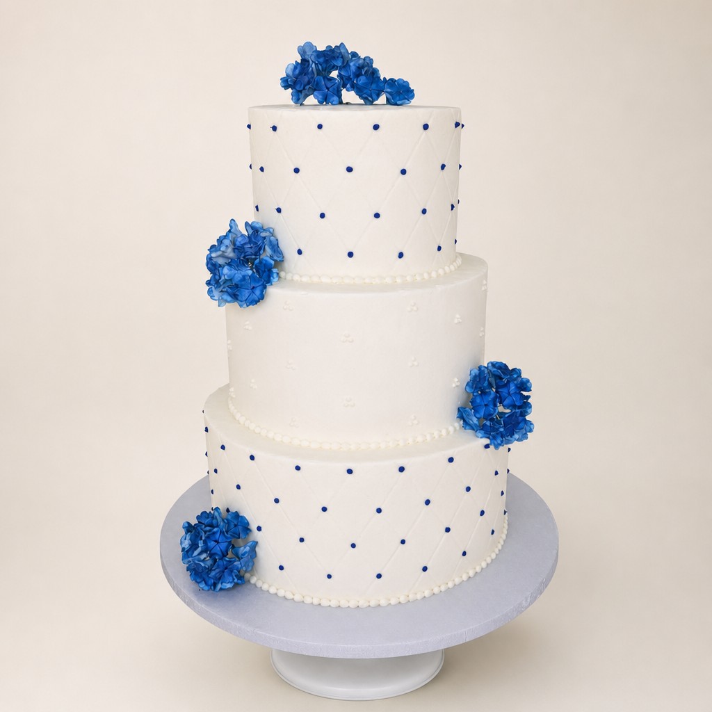 Three tier white wedding cake with blue hydrangea clusters, a bright hot weather wedding cake design.