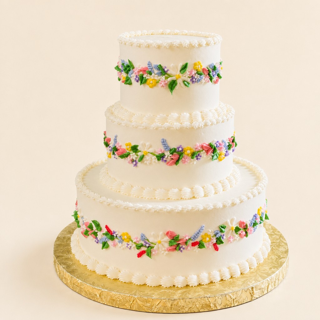 Ivory wedding cake with piped wildflower garlands, a colorful summer wedding cake idea by Sweet Escape Cake Company.