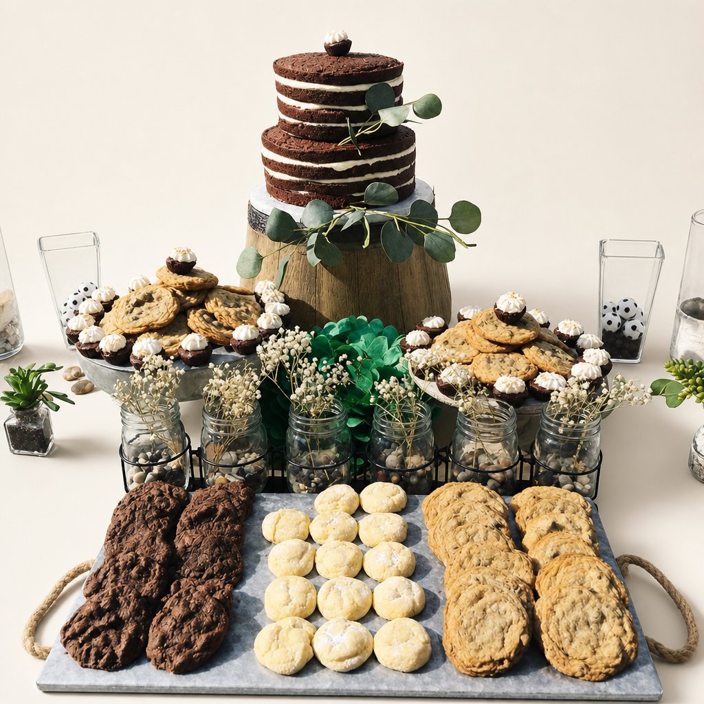 A wedding dessert table setup by Sweet Escape Cake Company with a tiered chocolate cake, cookies, and mini desserts.