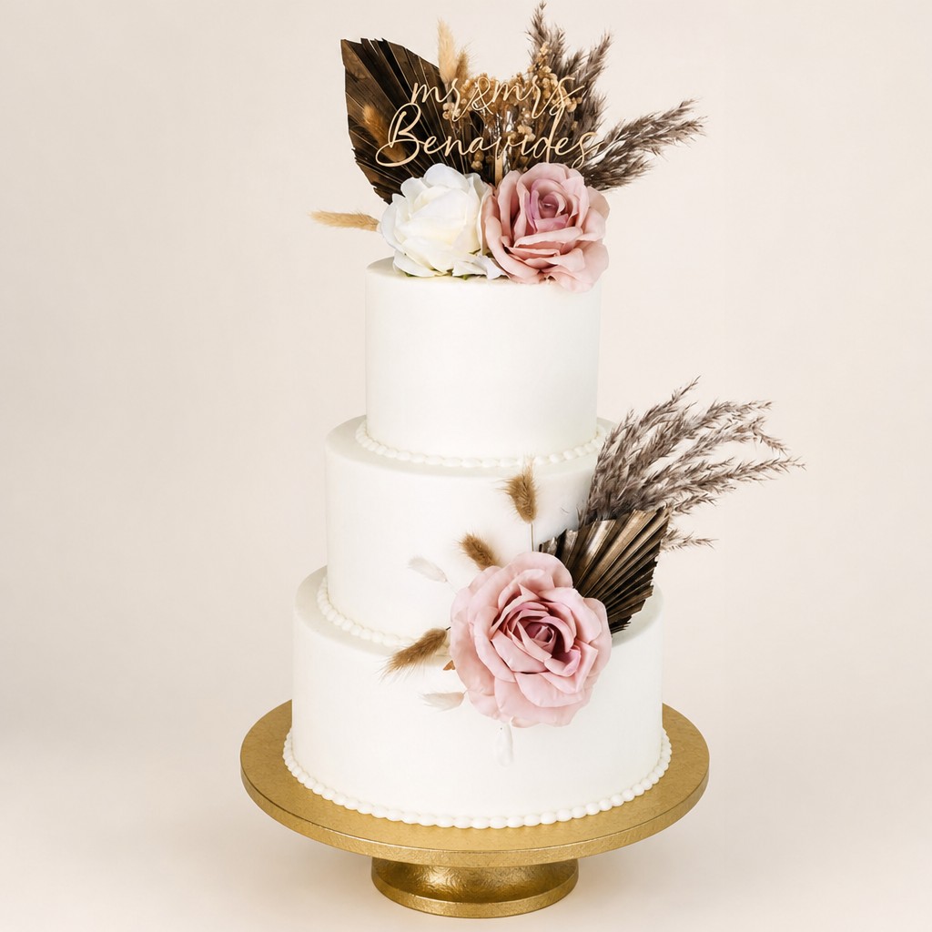 A three-tier boho wedding cake with pampas grass and blush roses on a gold stand by Sweet Escape Cake Company.