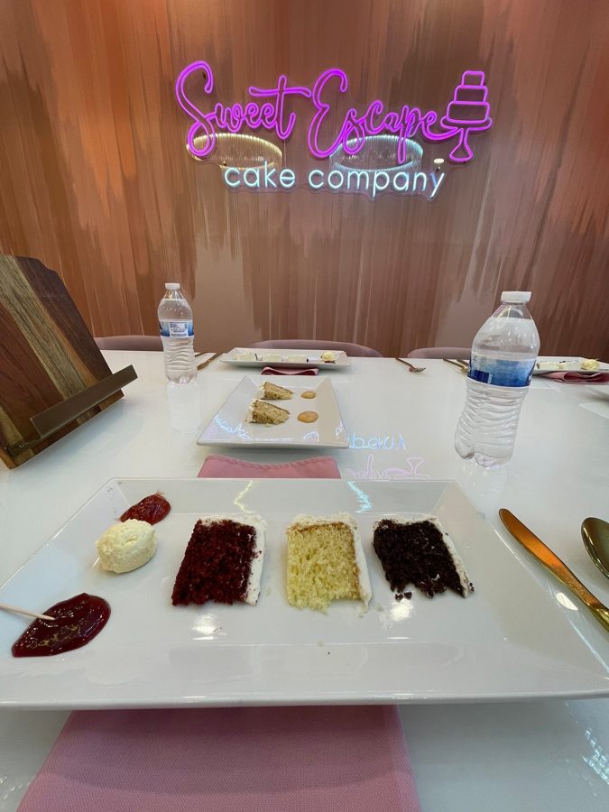 A formal cake tasting featuring slices of red velvet, vanilla, and chocolate cakes, accompanied by cream and berry jam, presented on white r