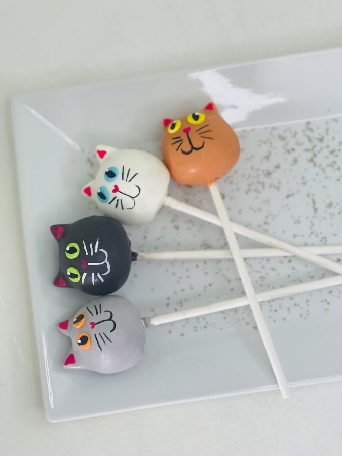 A charming collection of cat-themed cake pops in white, black, grey, and orange, each individually decorated with unique facial expressions 
