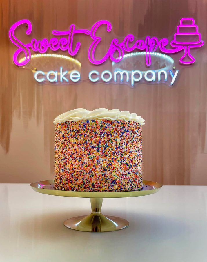 A single-tier round birthday cake fully covered in vibrant rainbow sprinkles with a decorative swirl of white buttercream frosting on top, p