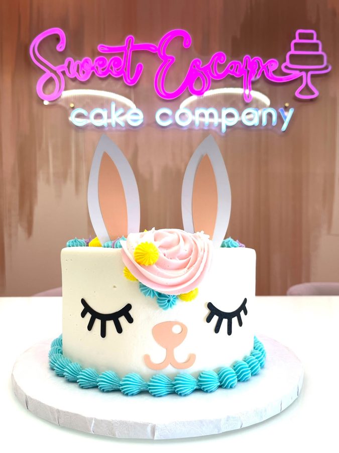 A charming bunny-themed single-tier birthday cake featuring white buttercream, pink and yellow frosting swirls, blue piped border, black pip